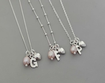 Sterling Silver Initial Necklace, Heart Charm, Pearl Charm Necklace, Personalised Necklace, Charm Necklace, Gift For Her 925