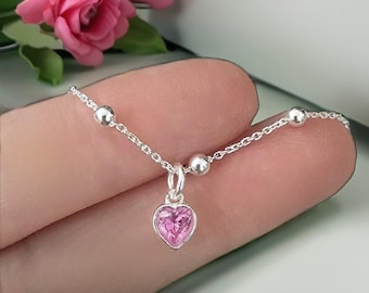 Pulsera de plata de ley con corazón y piedra de nacimiento, pulsera con piedra de nacimiento, tobillera, pulsera ajustable, pulsera con piedra de nacimiento, personalizada