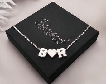 Initial and Heart Charm Personalised Sterling Silver Necklace 925 Double Initial Charm Necklace