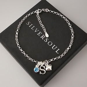 Sterling Silver Initial Bracelet, Birthstone Bracelet, Heart Bracelet, Adjustable Bracelet, Initial and Birthstone Bracelet, Personalised
