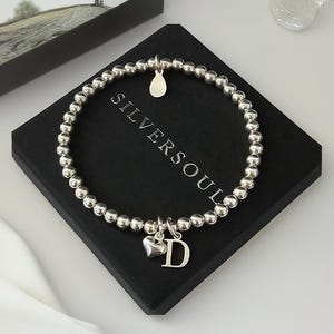 Sterling Silver Bracelet, Initial Heart Bracelet, Stretch Bracelet, Gift For Her, Birthday Bracelet, Personalised Bracelet, Beaded Bracelet,