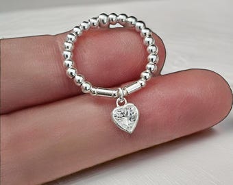 Beaded Stretch Ring, Sterling Silver Stretch Ring, Heart Charm Ring, Birthstone, Ring Set, Beaded Stretch Ring Set, Silver Stacking Ring