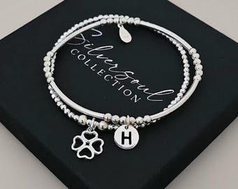 Sterling Silver Initial and Clover Leaf Double Bracelet Set, Clover Charm Bracelet, Initial Charm Stretch Bracelet, 925