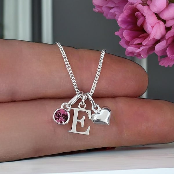 Initial Necklace, Birthstone Necklace, Heart, Sterling Silver, Initial, Birthstone, Sterling Silver Necklace Personalised Necklace, 925,
