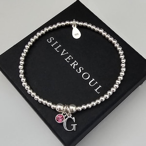 Sterling Silver Initial Birthstone Stretch Bracelet, Initial Charm Bracelet, Bracelet, For Her, Silver Birthstone Bracelet, Personalised