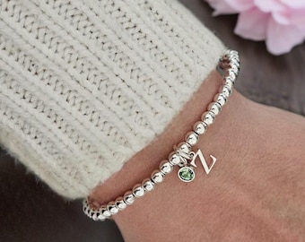 Initial Birthstone Bracelet, Initial Bracelet, Stretch Bracelet, Birthstone Bracelet, Personalised Bracelet, Beaded Bracelet Sterling Silver