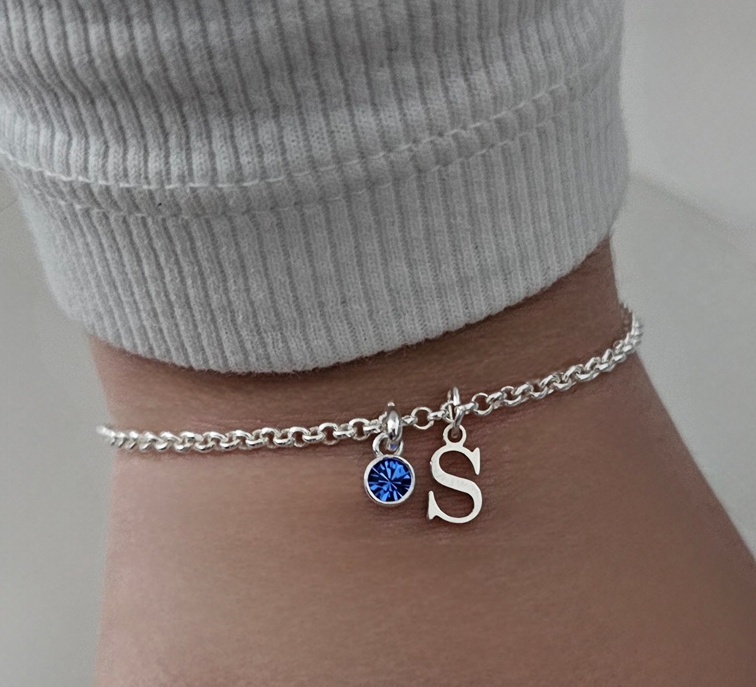 Sterling Silver Initial Bracelet, Birthstone Bracelet, Birthday Bracelet, Adjustable Bracelet, Initial and Birthstone Bracelet, Personalised