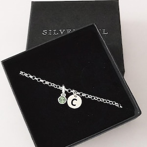 Sterling Silver Initial Bracelet, Birthstone Bracelet, Birthday Bracelet, Adjustable Bracelet, Initial and Birthstone Bracelet, Personalised
