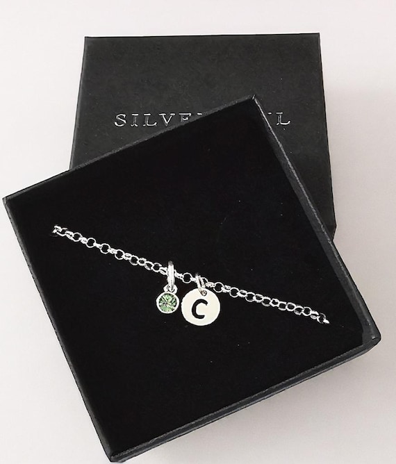 Sterling Silver Initial Bracelet, Birthstone Bracelet, Birthday Bracelet, Adjustable Bracelet, Initial and Birthstone Bracelet, Personalised