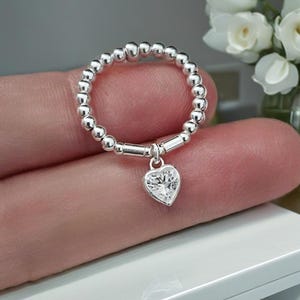 Beaded Stretch Ring, Sterling Silver Stretch Ring, Heart Charm Ring, Birthstone, Ring Set, Beaded Stretch Ring Set, Silver Stacking Ring