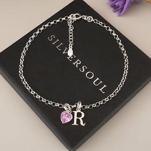 Herzarmband aus Sterlingsilber mit Geburtsstein und Initialen, Geburtssteinarmband, Armband, verstellbares Armband, personalisiertes Geburtssteinarmband