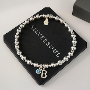 Initial, Birthstone, Beaded Bracelet, Personalised Bracelet, Stretch Beaded Bracelet, Sterling Silver, Personalised Jewellery, Initial Charm