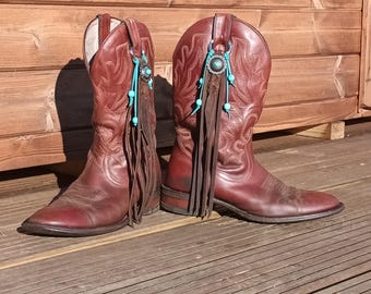 Handmade Leather Boot Tassels with Turquoise Beads and Conchos