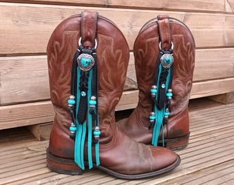 Handmade Leather Boot Tassels with Turquoise Beads and Conchos