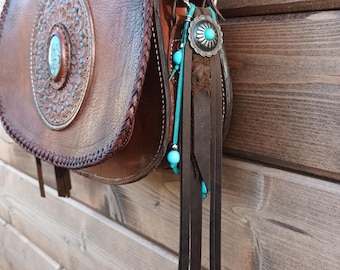 Handmade Leather Bag Tassels, Boot Tassels, Turquoise Beads and Conchos, BoHo Bag Charm