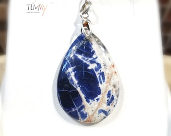 Sodalite pendant, blue and dew. Natural stone, choice of 925 silver or 24K gold plated setting. Unique women's jewelry. Drop shape.