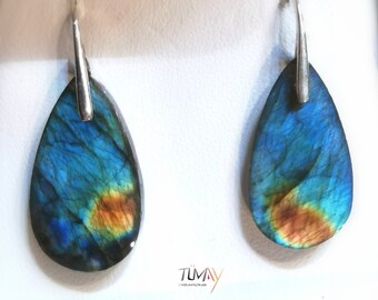 Boucles d'oreilles Labradorite lumineux, bleu, brun. Pierre naturelle, choix monture argent 925 ou plaqué or 24K. Bijou femme unique. Goutte