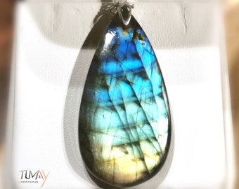 Pendentif Labradorite, luminosité, couleur, motif splendides. Choix monture argent 925 ou plaqué or 24K. Bijou modèle unique. Grande goutte.