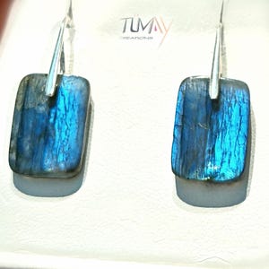 Luminous blue labradorite earrings. Natural stone, choice of 925 sterling silver or 24K gold plating. Unique rectangular design.
