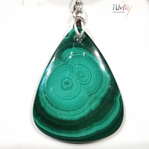 Malachite pendant, tones of green. Natural stone, choice of 925 silver or 24K gold plated setting. Unique women's model jewelry. Fan shape.