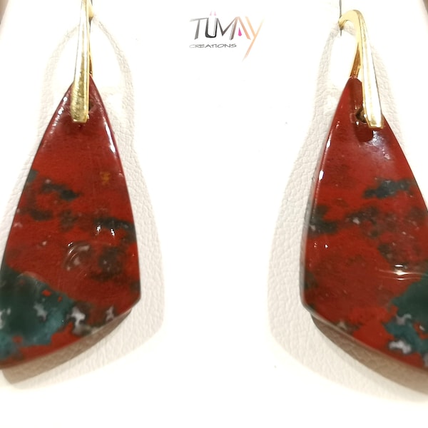 Heliotrope or Sanguine Jasper earrings, brilliant red. Natural stone, 925 silver or 24K gold plated setting. Unique women's jewelry.