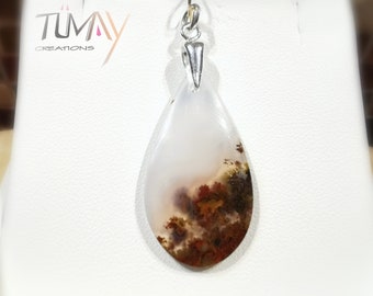 Pendentif en Agate Mousse, rouge, motif végétal. Pierre naturelle, choix monture argent 925 ou plaqué or 24K. Bijou modèle unique. Goutte.