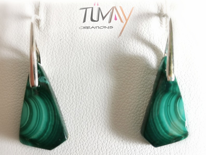 Boucles d'oreilles Malachite, vert. Pierre naturelle, choix monture argent 925 ou plaqué or 24K. Bijou femme modèle unique. image 1