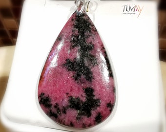 Pendentif Rhodochrosite, rose, noir. Pierre naturelle, choix monture argent 925 ou plaqué or 24 K. Bijou femme modèle unique. Grande goutte