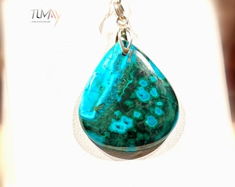 Malachite Chrysocolla Pendant, green, turquoise blue. Natural stone, choice of 925 silver or 24K gold plated setting. Unique model jewelry.
