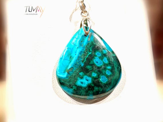 Pendentif Malachite Chrysocolle, vert, bleu turquoise. Pierre naturelle, choix monture argent 925 ou plaqué or 24K Bijou modèle unique.