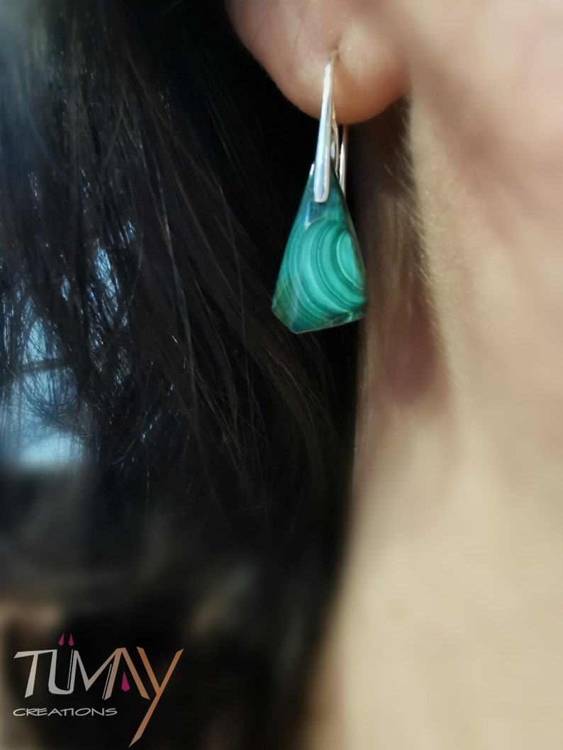 Boucles d'oreilles Malachite, vert. Pierre naturelle, choix monture argent 925 ou plaqué or 24K. Bijou femme modèle unique. image 2