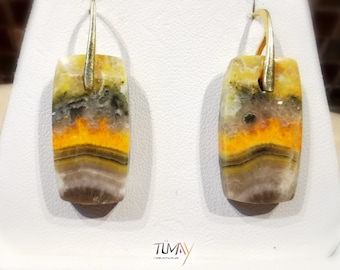 Pendientes Bumblebee Jasper, amarillo, naranja, gris. Piedra natural, engaste a elección de plata 925 o baño de oro de 24K. Joya modelo única