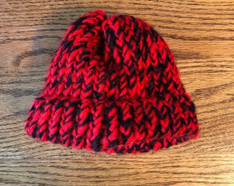 Hand Knit Toddler Hat - Black and Red