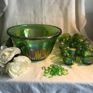 Punch Bowl Set. Vintage Iridescent Carnival Glass