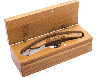 Kellnermesser aus Holz/Metall verpackt in schöner Box mit persönlicher Namensgravur, Kellnerbesteck, Korkenzieher, Somelierbesteck