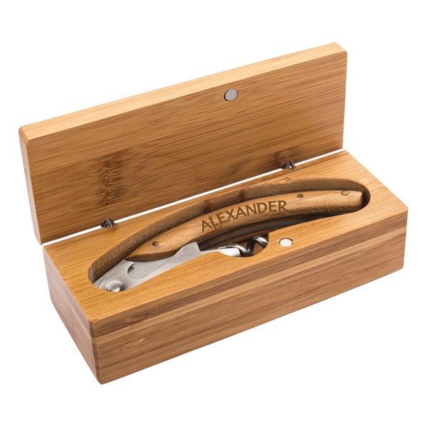 Waiter's knife made of wood/metal packed in a beautiful box with personal name engraving, waiter's cutlery, corkscrew, sommelier cutlery