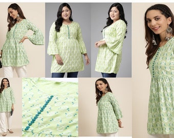 Kurti corto svasato stampato floreale in rayon da donna, kurta verde per donne e ragazze, per feste e festival, kurta corto indiano