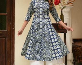 schöne indische Designer-Party und Festival tragen Selbstentwurf Frauen Baumwolle Geomatrical Gedruckt A-Linie Kurti, perfektes Geschenk für sie