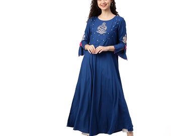 self design Women's Rayon Embroidered ANARKALI Kurta Blue for women and girls party and festival wear ANARKALI DRESS || Free Shipping ||