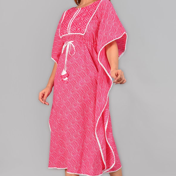 Indian designer Rayon Bandhani Pink KAFTAN - Women's Lightweight Summer Dress, Ideal for BEACH VACATIONS, Great Anniversary Gift for wife