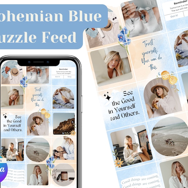 Bohemian Blue Instagram Puzzle Feed | Canva Editable | For Blogger, Small Business, Influencer Insta Puzzle Feed Template