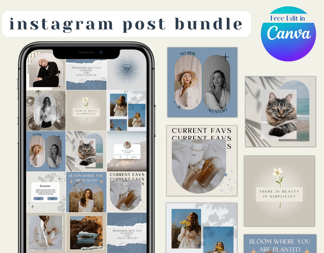 Blue Boho Instagram Post Templates Bundle Canva Editable for Blogger ...