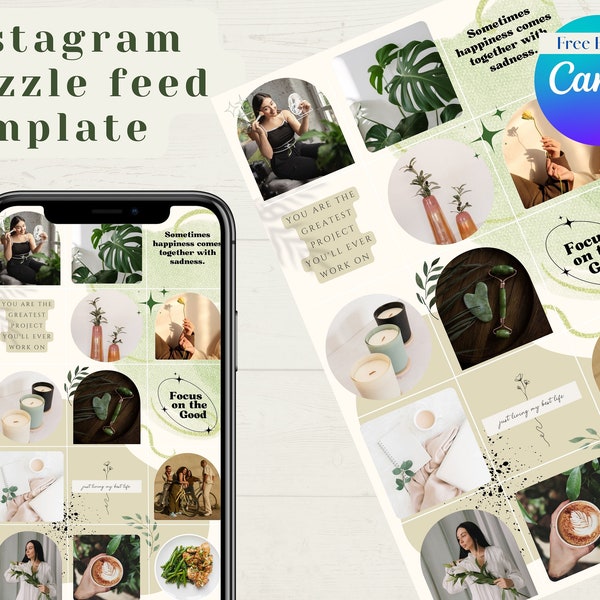 Green & Beige Instagram Puzzle Feed | Instagram Puzzle Canva Editable | For Blogger, Small Business, Influencer Insta Puzzle Feed Template