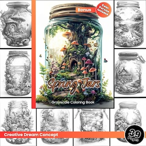 39 Spring Jars Coloring Page for Adults Summer Coloring Book Nature Houses Printable PDF Instant Download Fantasy Grayscale Coloring Pages