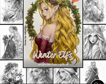 May include: A grayscale coloring book titled "Winter Elf's" with a cover featuring a detailed illustration of a female elf with long blonde hair wearing a red dress and a wreath of holly. The book has 36 pages and is a creative dream concept.