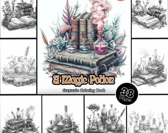 Pode incluir: Um livro para colorir em tons de cinza intitulado "A Magic Potion" com 38 páginas. A capa apresenta uma ilustração detalhada de uma pilha de livros antigos com frascos de poções, plantas e uma pena.