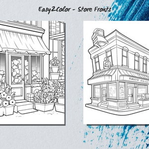 May include: A black and white line drawing of two storefront buildings. The first building is a flower shop with a large awning and a door with a window. The second building is a bakery with a sign that says "Bakery" and a window with a display of pastries.
