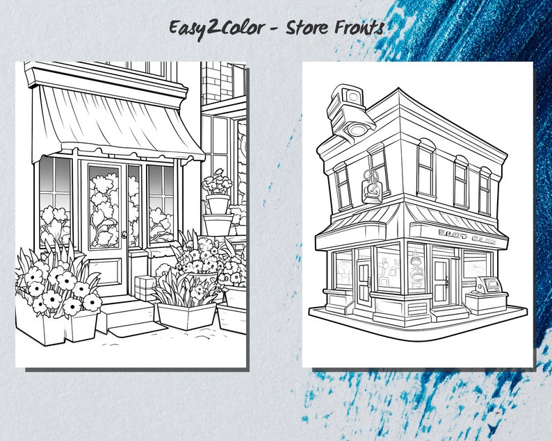 May include: A black and white line drawing of two storefront buildings. The first building is a flower shop with a large awning and a door with a window. The second building is a bakery with a sign that says "Bakery" and a window with a display of pastries.