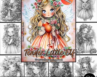 May include: A grayscale coloring book featuring a cute elf girl with wings, holding a heart and flowers. The book is titled "Tender Little Elf" and has 23 pages. The cover includes a color version of the illustration.