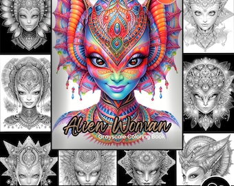 Alien Woman Coloring Page for Adults and for Kids Mandal Woman Grayscale Coloring Book, Printable PDF Instant Download Fantasy Girls